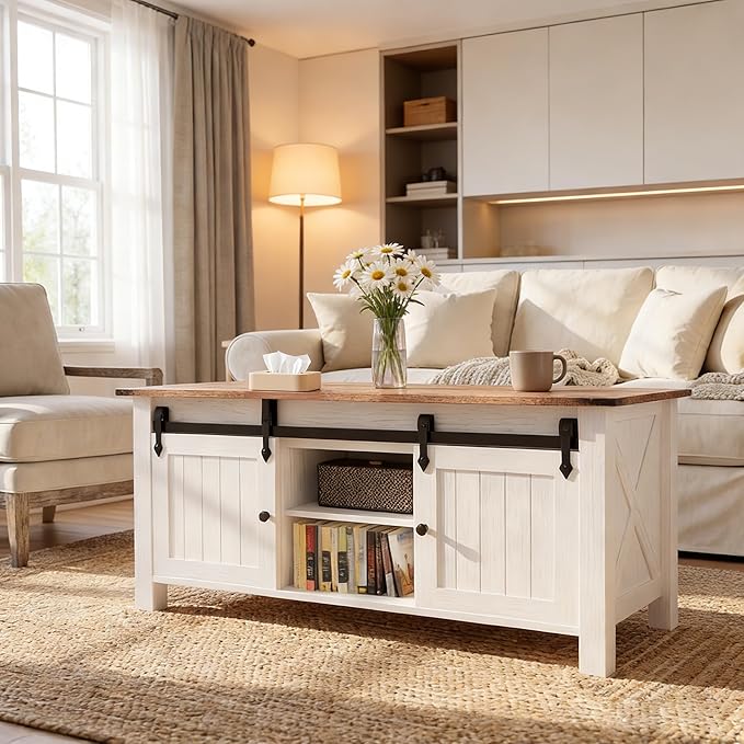 Lift Top Coffee Table with Storage, 47" Farmhouse Coffee Tables with Sliding Barn Door and Lift Tabletop Wooden Rustic Rectangle Center Table for Living Room, White
