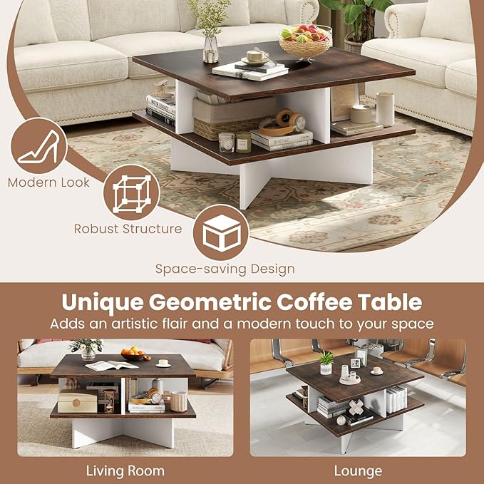 Giantex Square Coffee Table, Mid Century Modern Center Table with 4 Storage Compartments & Cross-Shape Base, 24 Inch Farmhouse Coffee Tables for Living Room (Brown)