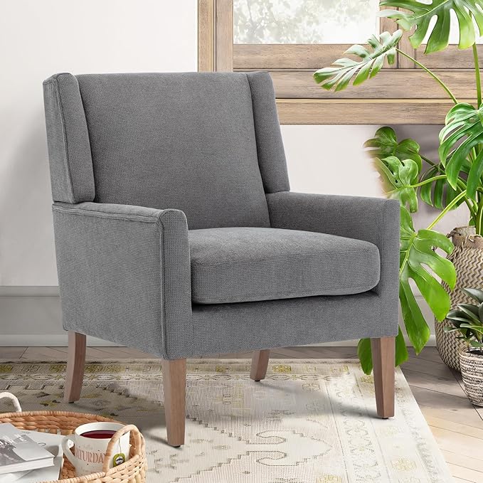COLAMY Modern Wingback Living Room Chair Set of 2, Upholstered Fabric Accent Armchair, Single Sofa Chair with Lounge Seat and Wood Legs for Bedroom/Office/Reading Spaces, Gery