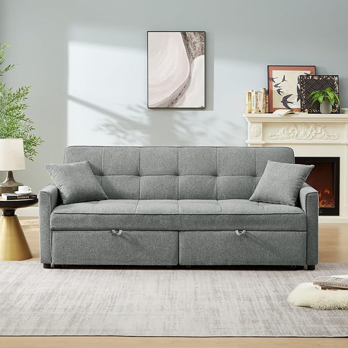 82" 3 in 1 Convertible Sleeper Sofa Bed, Modern Fabric Pull Out Couch, Loveseat Sofa with Pillows & Pockets, Futon Couch Bed Reclining Backrest for Living Room, Bedroom, Apartment, Grey