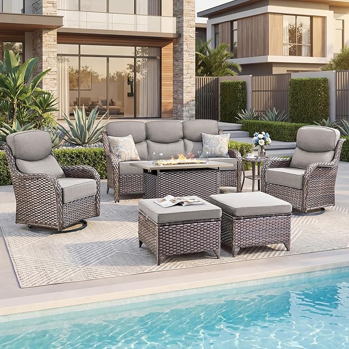 Luxury Patio Furniture Set with 6-inch Thick Cushion, Outdoor Furniture with Fire Pit Table, Swivel Chairs, Sofa, Side Table, Ottomans, 7pcs Wicker Conversation Set for Deck Yard and Poolside(Grey)
