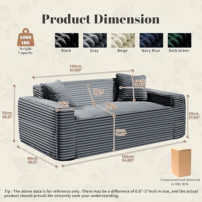 75" Cloud Loveseat Sofa, 26" Deep Seat Boneless Couches for Living Room, Modern 3 Seater Sofa with Throw Pillows, Corduroy Compression Sofa in Box, No Assembly Couch for Bedroom, Dorm, Gray