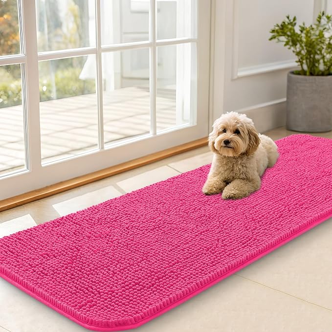OLANLY Dog Door Mat for Muddy Paws 59x20, Absorbs Moisture and Dirt, Absorbent Non-Slip Washable Doormat, Quick Dry Chenille Mud Mat for Dogs, Entry Indoor Entryway Carpet for Inside Floor, Hot Pink by OLANLY