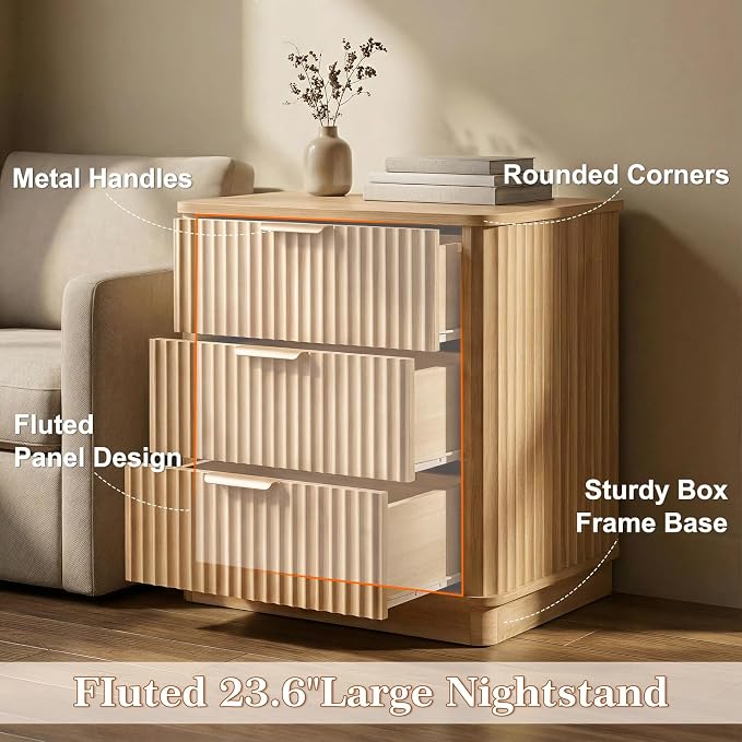LYNCOHOME 23 inch Wide Fluted Nightstand with 3 Drawers, Modern Curved Bedside Table,Wood Night Stand with Storage,End Table for Bedroom & Living Room,Dresser for Bedroom Living Room,Natural,Oak - Image 5