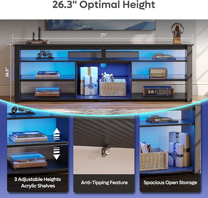 Bestier Tall TV Stand for 75 inch TV, LED Entertainment Center, Gaming TV Console with Storage for PS5, Modern TV Cabinet for Bedroom, Living Room, Black Carbon Fiber - Image 6