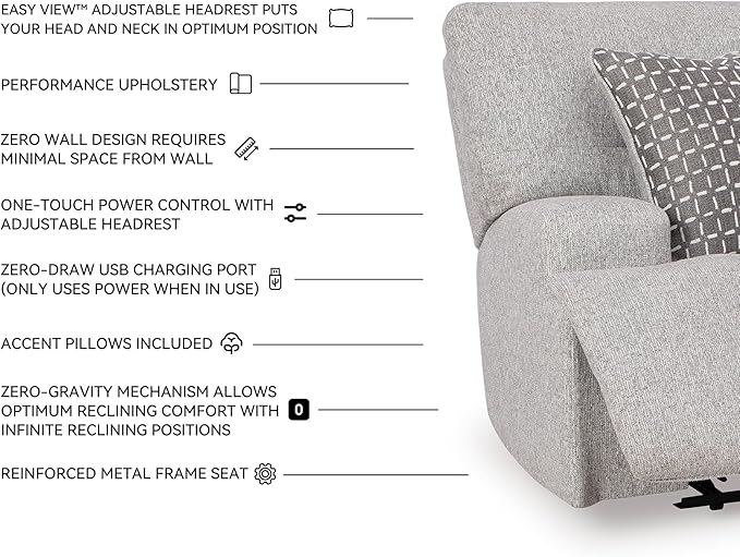 Signature Design by Ashley Acklen Place Stain Resistant Modern L-Shaped Right-Arm Facing 3-Piece Power Reclining Sectional with Adjustable Headrest, USB Ports and 2 Accent Pillows, Light Gray