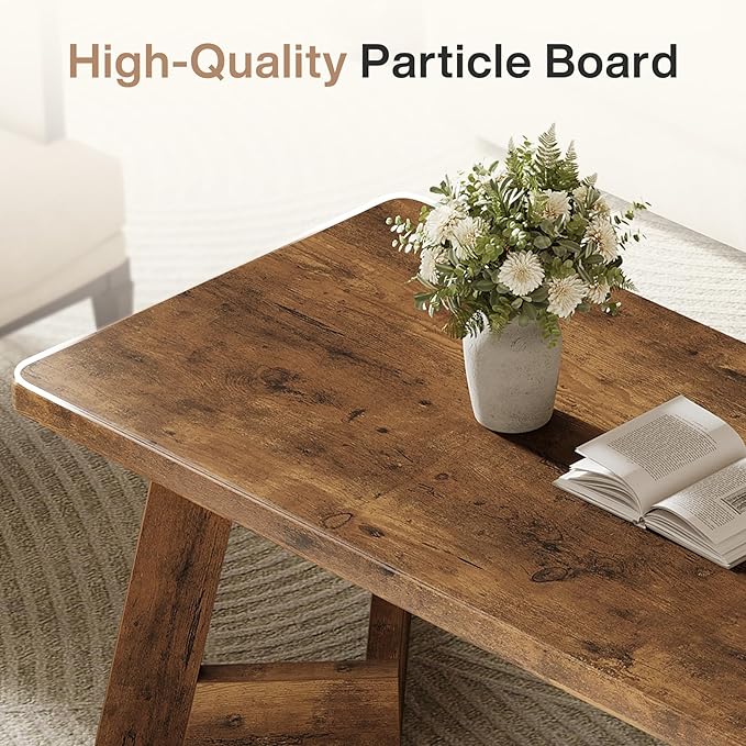 Tribesigns Coffee Table, Farmhouse Center Table with V-Shaped Legs, 47.2 x 23.6 Inches Rectangle Living Room Tables, Easy to Assemble, Rustic Brown
