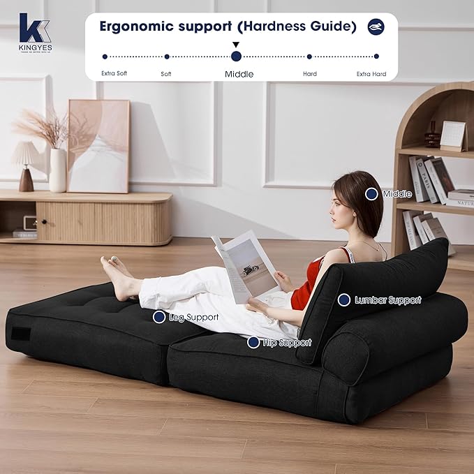 KINGYES Folding Chair Bed, 3 in 1 Convertible Sleeper Chair with Pillow, Foldable Futon Chair for Living Room, Black