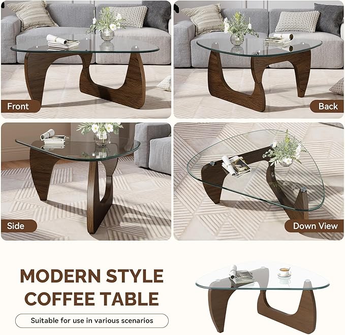 Modern Glass Coffee Table, Triangle Center Table with Tempered Glass Top& Unique Wooden Base, 35.5” Mid Century Tea Tables for Living Room, Apartment, Office,Walnut &Transparent