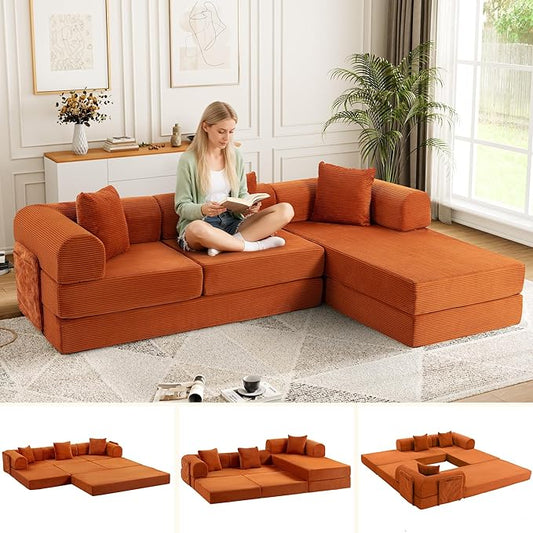 106.3" L Shape Convertible Sleeper Sofa Bed, Oversized Modular Sectional Cloud Sofa with Fixed-Shape Frame & Storage Pocket, Boneless Couch for Living Room, No Assembly Required, Orange