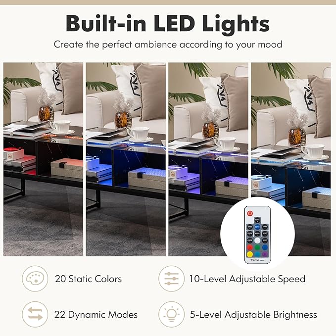 Giantex LED Coffee Table, High Gloss Coffee Tables with 4 Storage Cubes, 20-Color Lights, Remote Control, Faux Marble & Tempered Glass Top, Modern Accent Rectangle Center Table for Living Room (Black)
