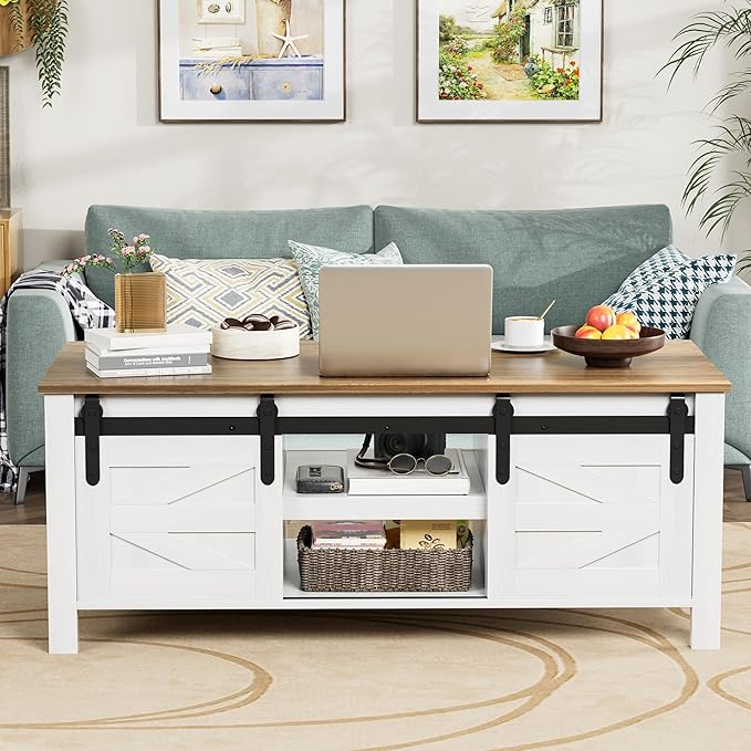 JUMMICO Farmhouse Coffee Table with Storage & Sliding Barn Doors, Modern Rustic Living Room Table with Adjustable Shelves, Wooden Rustic Center Table for Living Room (Antique White)