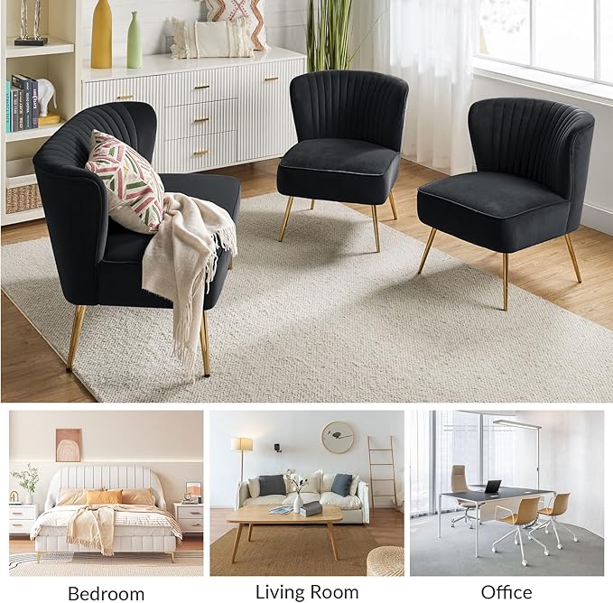 HULALA Home 3 Piece Velvet Living Room Furniture Set, Modern Comfy Upholstered Chair Set with Golden Legs, Include Loveseat & 2 Accent Chairs for Bedroom, Black Tufted 2-Seater Sofa & Armless Chairs
