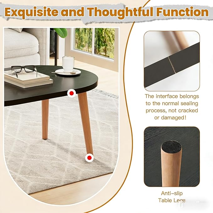 Coffee Table Low Table with 4 Solid Wood Leg, Floor Table Desk for Sitting on The Floor, Small Oval Coffee Table for Small Space, Side Table Japanese Coffee Table for Living Room Apartment Home, Black