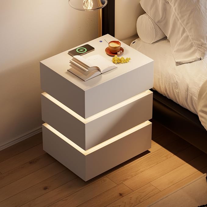 homary 3-Drawer LED Smart Nightstand with Wireless Charging, USB & Type-C Ports – Modern White Bedside Table with Storage and Adjustable Light, Bedroom Night Stand with Glossy Stainless Steel Base - Image 6