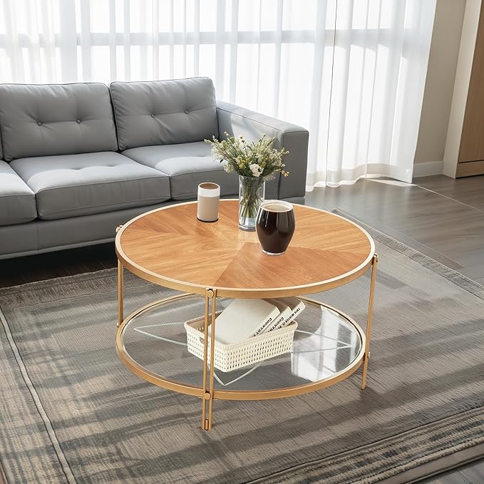 32" Round Wood Coffee Table with Glass Bottom, Circle Coffee Table with Wood Top ＆ Metal Frame, Small Center Table for Living Room, Apartment (32" Dx32 Wx18 H, Gold)