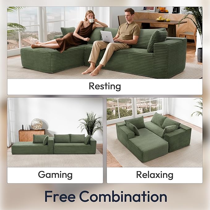 Cloud Sectional Couch, Modular Sectional Sofa with Right Chaise Lounge, Modern Modular L-Shape Sofa with Pillows & Deep Seat, Boneless Couches for Living Room Bedroom, Green
