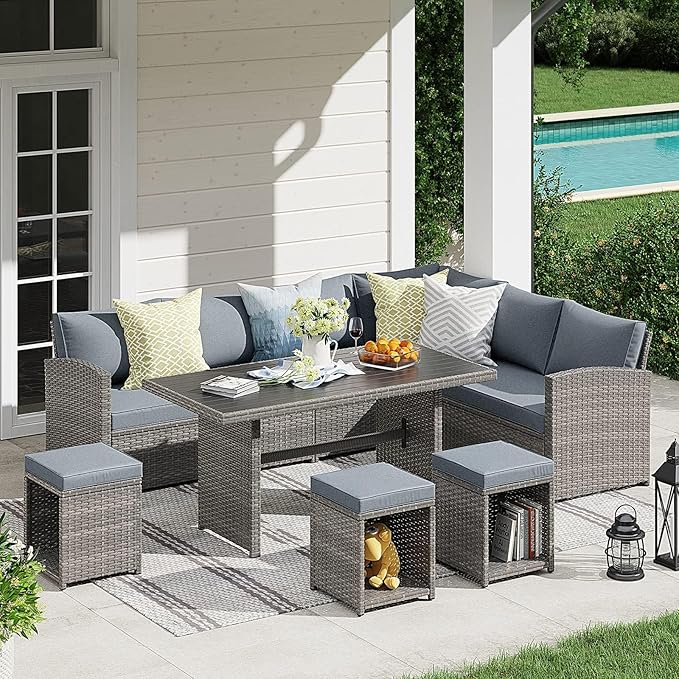 JOIVI Outdoor Patio Furniture Set, 7 Piece Patio Dining Sofa Set, Outdoor Sectional Couch Conversation Set All Weather Wicker Rattan Aluminum Desktop Dining Table & Chair with Ottomans, Gray Cushion