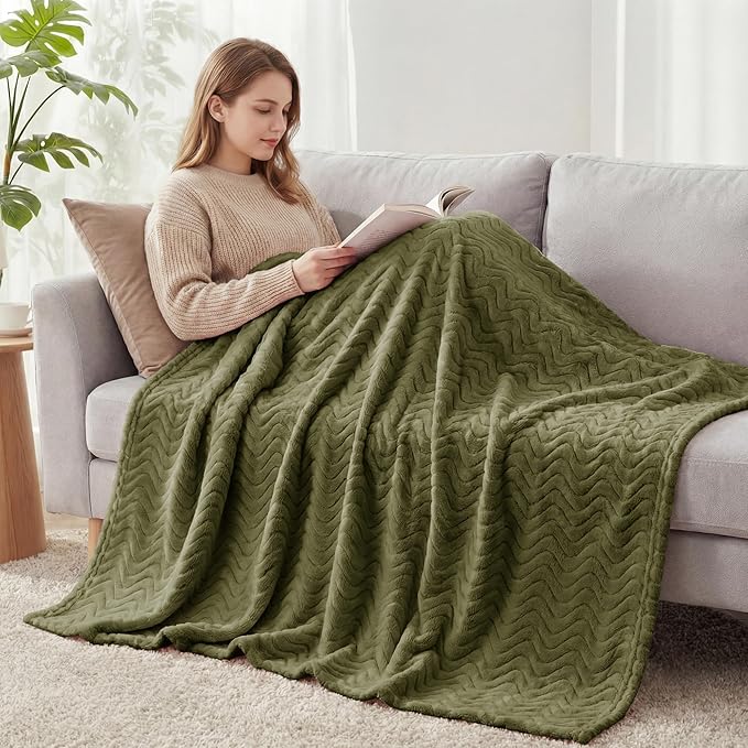 Exclusivo Mezcla King Blanket for Bed, Cozy Lightweight Fleece Blankets for All Season, Decorative Giftable Fuzzy Plush Wave Textured Suitable for Women, Men, Olive Green, 90x104 Inches