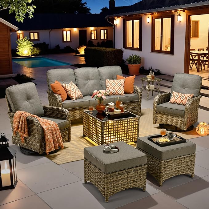 HOOOWOOO Outdoor Patio Furniture Set with Light Table,7 Pieces Wicker Conversation Set,All Weather High Back Couch Sofa Swivel Chairs Ottomans Set,Charcoal Gray