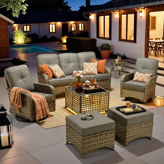 HOOOWOOO Outdoor Patio Furniture Set with Light Table,7 Pieces Wicker Conversation Set,All Weather High Back Couch Sofa Swivel Chairs Ottomans Set,Charcoal Gray