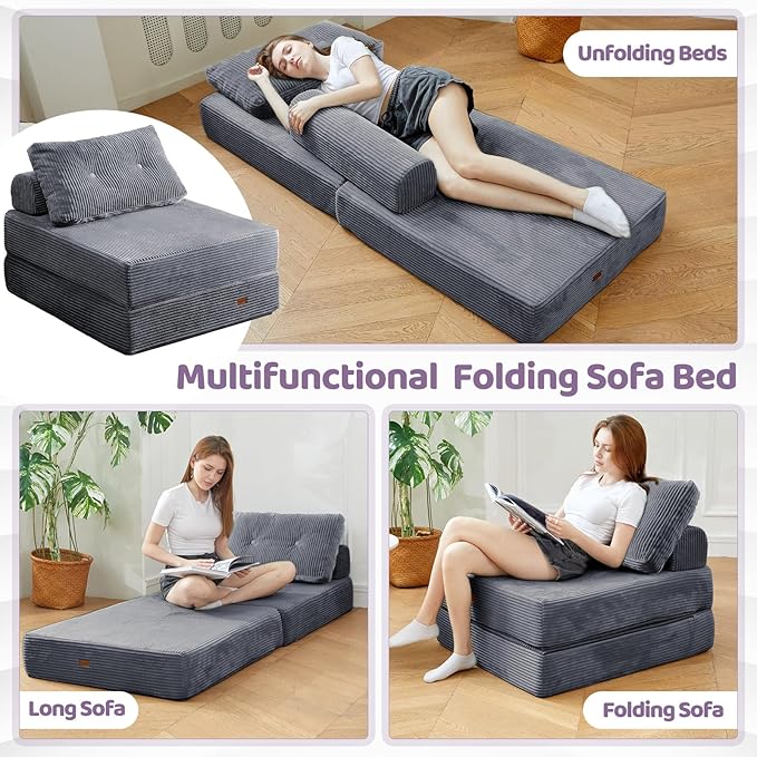 Folding Chair Bed, Convertible Sofa Bed with Pillows,Fold Out Chair Bed with High-Density Foam,Chair Bed Sleeper for Adults Perfect for Living Room 、Hotel 、Apartment ， Single, Dark Gray