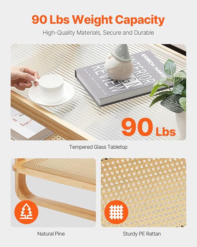 VEVOR Rattan Coffee Table, Rectangle Rattan Woven Wood Coffee Table with Tempered Glass Top, 45-Inch Modern Boho Storage Coffee Table with Natural Wood Legs, for Living Room, Bedroom & Small Spaces
