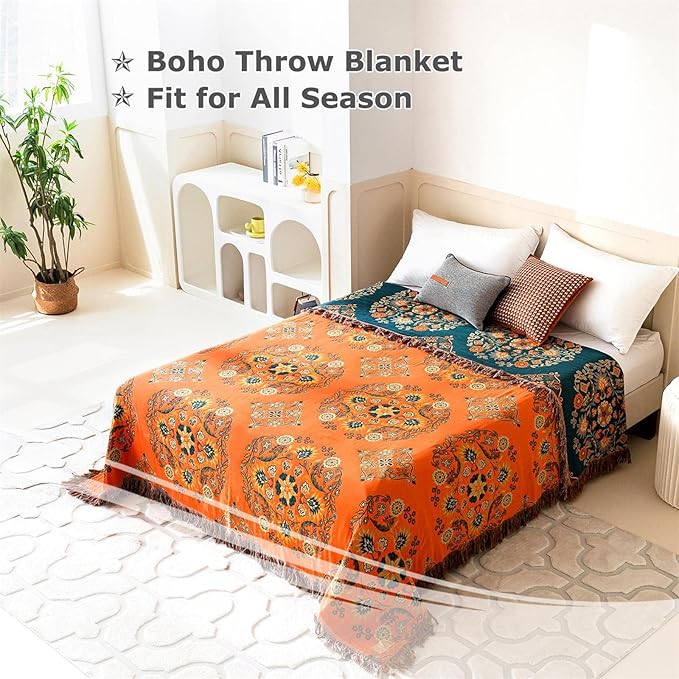 Boho Throw Blanket for Bed 100% Cotton Soft Lightweight Quilt Floral Embroidery Home Decor Spring Breathable Bed Blankets,60"x80" Twin All Season Reversible Blankets for Sofa Couch Chair