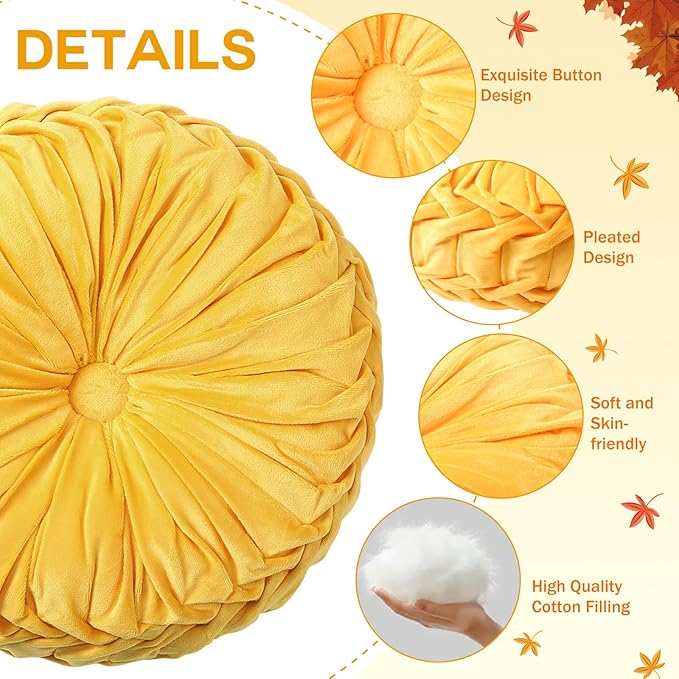 Beeveer 2 Pcs Round Throw Pillows 15 Inch Decorative Velvet Pleated Pumpkin Pillows Boho Floor Pillow with Center Button for Living Room Couch Chair Bed Sofa Home Decoration (Yellow)
