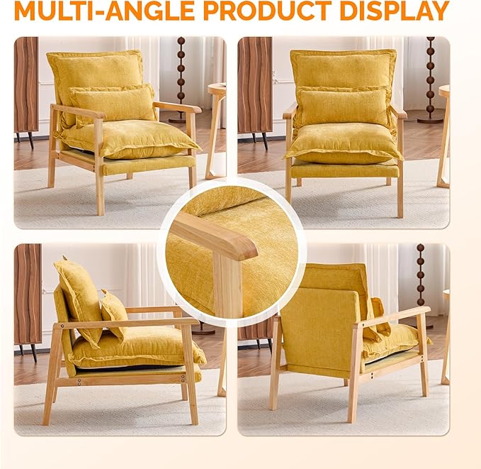 VINGLI Mid-Century Modern Cloud Accent Armchair with Lumbar Pillow, 6.3'' Thick Seat Cushion Comfortable Reading Chair with Wooden Armrests，Boho Lounge Chair for Bedroom, Living Room, Chenille, Yellow