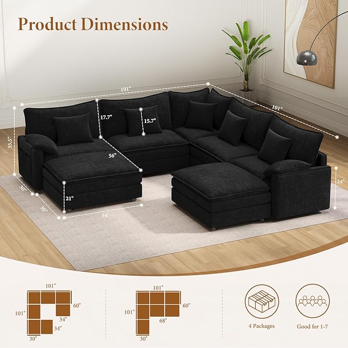 Vesgantti 101" V-Shaped Corner Couch Sectional, 7 Seat Customizable Modular Cloud Couches with Movable Ottoman, Chenille Deep Seat Sofa Set with Chaise for Living Room, Bedroom and Apartment, Black