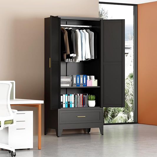 Metal Armoire Wardrobe Closet with Drawers, 71" Wardrobe Cabinet with Adjustable Shelves and Hanging Rod for Bedroom, Black Metal Closet Storage Cabinet with 2 Doors & 1 Drawer