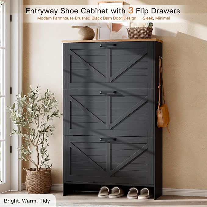 Nicetree Barn Door Shoe Cabinet for Entryway - Modern Farmhouse Shoe Storage Cabinet with 3 Flip Drawers - Slim Hidden Shoe Organizer, 3-Position Adjustable Divider, Fits Size 13, Brushed Black - Image 3