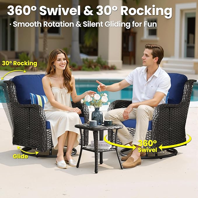 ovios 10-Piece Patio Furniture Set with Swivel Chairs Coffee Table, Outdoor Wicker Sofa with 54" Fire Pit Table, High Back Couch Modern Conversation Sets, Brown/Navy Blue