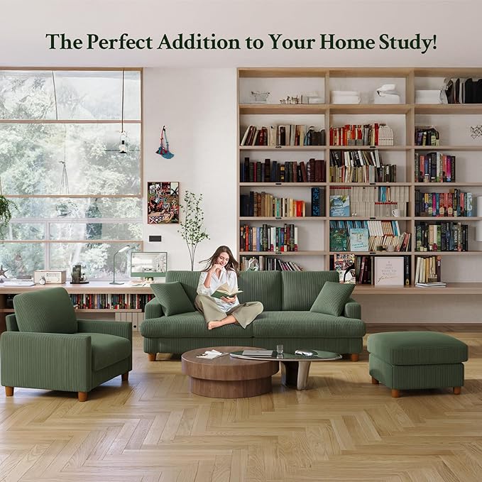 87.2" Couches for living room, Comfy Sectional Couch Green 7.5" Thicker Cushion, Sofas for Living Room Tool-Free Setup, Accent Chair with Ottoman 848lbs Support, Corduroy Couch for Home Office