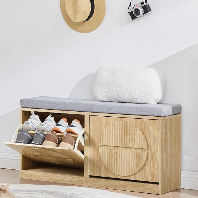 Narrow Shoe Storage Bench for Entryway, Wooden Shoe Cabinet with Flip Drawers& Adjustable Shelves, Shoe Rack Bench with Cushion, Shoe Organizer with Fluted Pattern for Hallway, Living Room (Natural) - Image 3