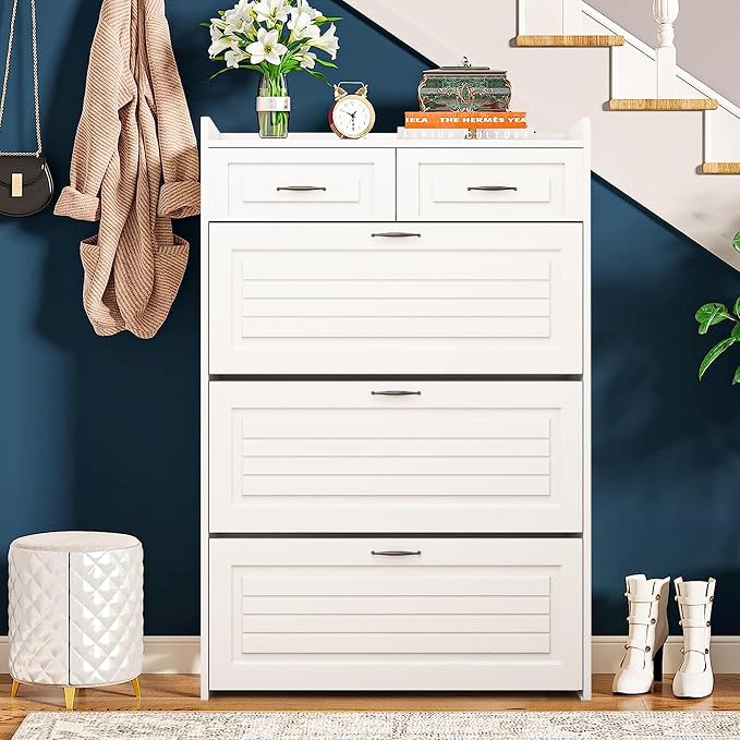 Vibe & Dine Narrow Shoe Organizer Cabinet with 3 Large Flip Drawers & 2 Storage Drawers - Slim Shoe Storage for Entryway, Hallway, Bedroom - Image 3