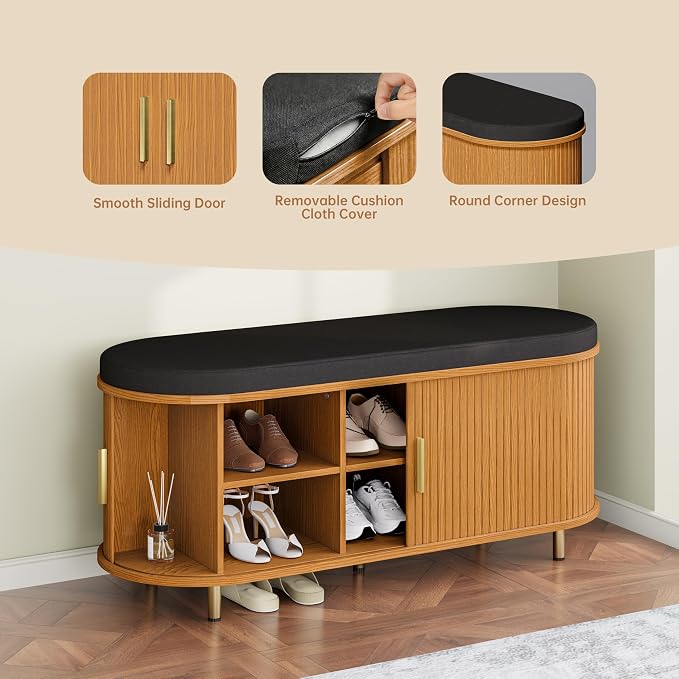 DHH 2-Tier Storage Bench,Wide Shoe Bench with Thickened Padded Seat Cushion, Mid Century Modern Fluted Sliding Door and Adjustable Shelf, for Entryway, Living Room, Bedroom (Yellow Walnut, 43.3“) - Image 6