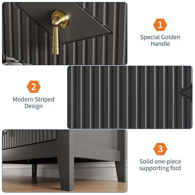 GarveeHome Wood Nightstand Fluted Dresser for Bedroom, 27.5" Wide 3-Drawer Bedside Tables, Modern Chest of Drawers, Storage End Table Living Room, Hallway, Entryway, Black - Image 5