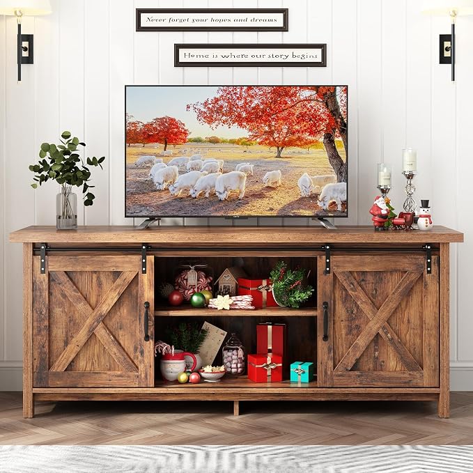 70" Farmhouse TV Stands for 70 75 80inch TV w/Adjustable Shelves,Sliding Barn Door.Wooden Entertainment Center,TV Console Cabinet with Storage for Bedroom Living Room(Brown 70in) - Image 9