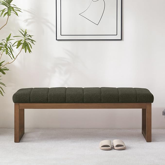 Zihanhome 52.7" Bedroom Bench for End of Bed, Modern Upholstered Teddy Fabric Entryway Bench & Dining Bench, Footrest Stool Bench with Solid Wood Frame for Bedroom, Living Room (Green) - Image 7