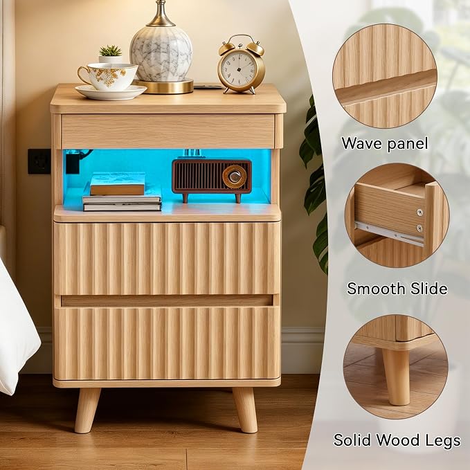 Eifizek Fluted Nightstand with LED Light & Charging Station, Modern Bed Side Table with 2 Storage Drawers & Open Shelf, Wooden End Table with Concealed Drawer for Bedroom, Living Room, Oak - Image 7