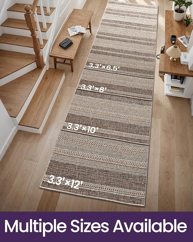 DEXI Hallway Runner Rug 3.3x12, Woven Braided Farmhouse Runner Carpet Indoor, Absorbent Thin Long Entryway Runners for Kitchen, Laundry Room, Patio Entrance, Striped Brown - Image 2