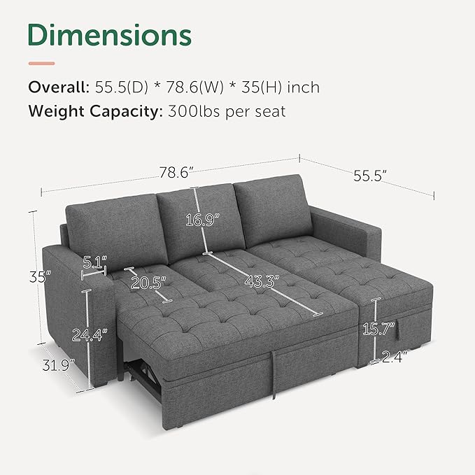 HONBAY Modular Sectional Sleeper Sofa with Pull Out Bed, L Shaped Couch with Storage Seat Sectional Couches for Living Room,Mid Grey