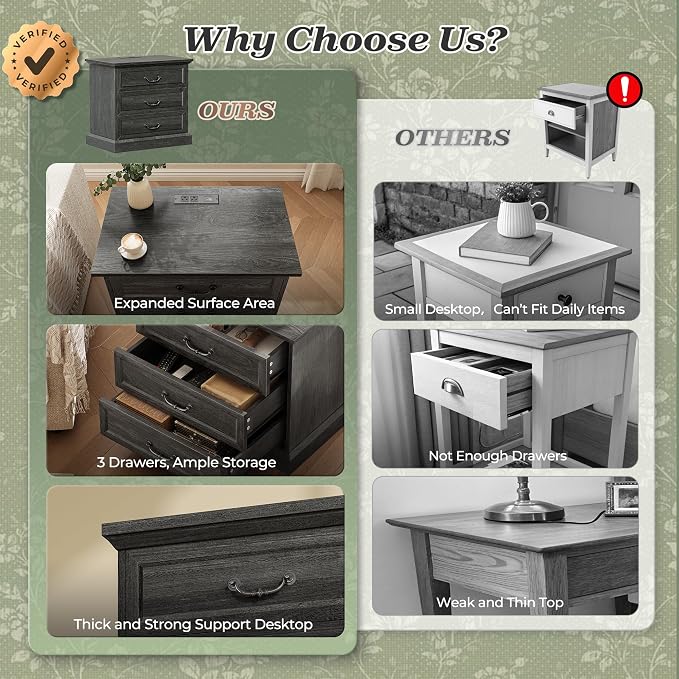 Huuger Nightstand with Charging Station, 3 Drawer Night Stand Set of 2, 22 Inch Wider Side Table with Storage, Farmhouse Nightstand with Vintage Handles, Thicken Base, for Bedroom, Black - Image 6