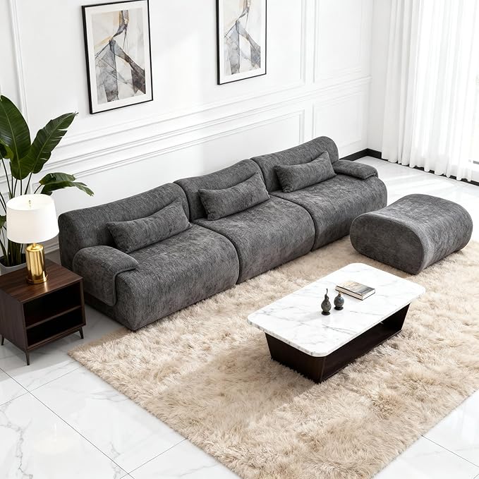 117" L-Shaped Compressed Sectional Cloud Sofa, Chenille Upholstered Modular Tufted Sofa with 4 Pieces, Modern Floor Boneless Foam Modular Cloud Couches for Living Room