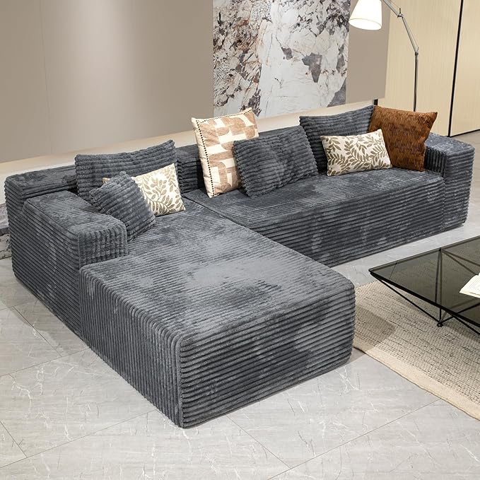 Grey sectional couches for Living Room-Corduroy Couch，104" Cloud Sectional Couch with L-Shape Chaise， Modern Modular Sofa, Deep Seat Comfort, No Assembly Required(Plush Corduroy Fabric)