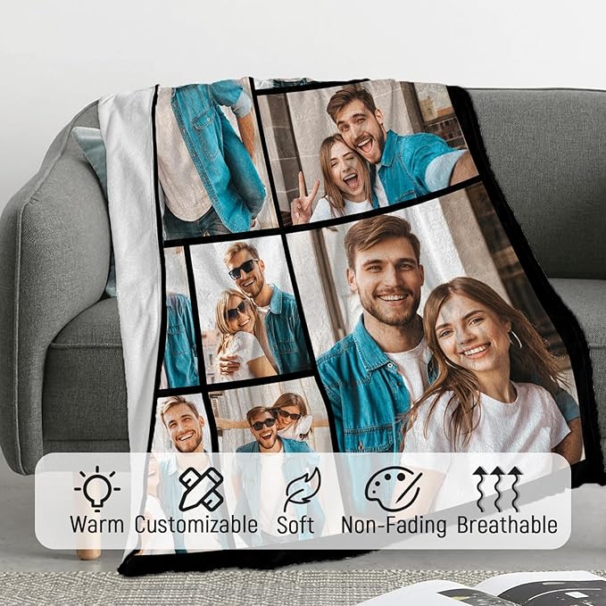 ROMANDY Ships Next Day Custom Blanket with Picture Customized Banket Personalized Throw Blankets Customizable Photo Blankets Customize Gifts for Mom Dad Girlfriend Boyfriend Wife Husband Her Him