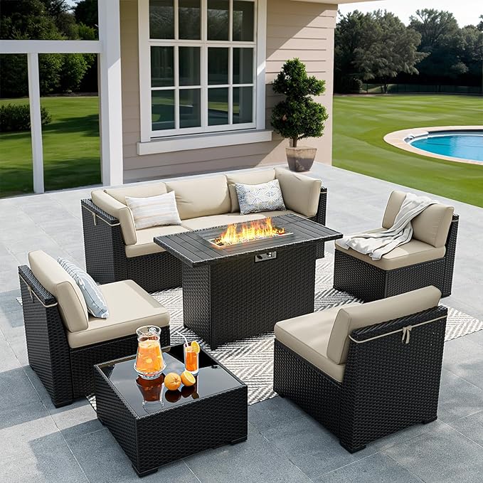 8 Pieces Outdoor Patio Furniture Set with 44" Fire Pit Table Black Rattan Sectional Conversation Sets w/Gas Fire Pit, Coffee Table, 1 Waterproof Covers, Khaki