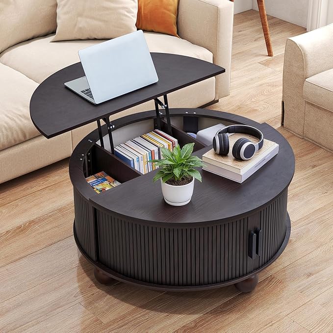 Round Lift Top Coffee Table with Hidden Storage, 33.5'' Mid-Century Modern Fluted Coffee Table with Sliding Tambour Door & Solid Wood Legs, Circle Center Table for Living Room, Small Space (Black)